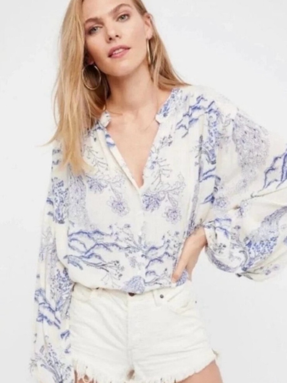 Free People Metallic Blooms Ivory Print Top Blouse Peacock Botanical Oversized